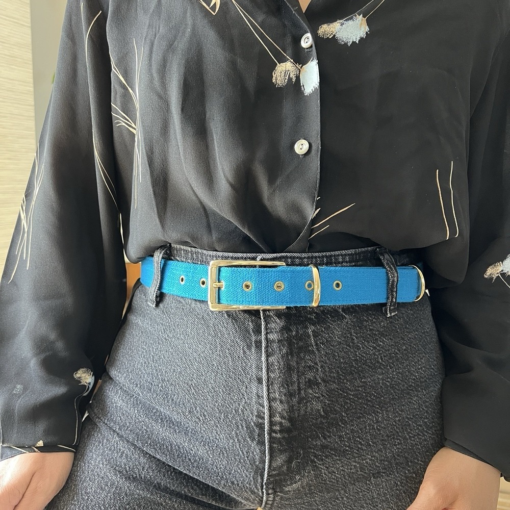 Vintage Blue Canvas Belt Gold tone Buckle Made In Canada Medium Preppy Coastal